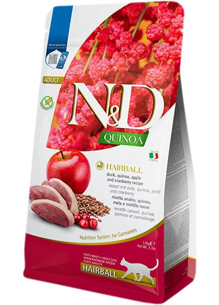 Сухий беззерновий корм N&D Quinoa Hairball Adult для дорослих кішок (качка/кіноа/яблуко/журавлина) 1.5 кг Farmina (356893669)