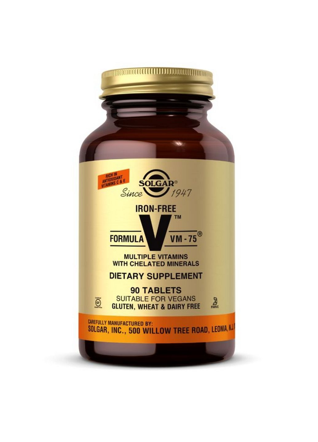 Вітаміни та мінерали Formula V VM-75 (iron free), 90 таблеток Solgar (293341891)