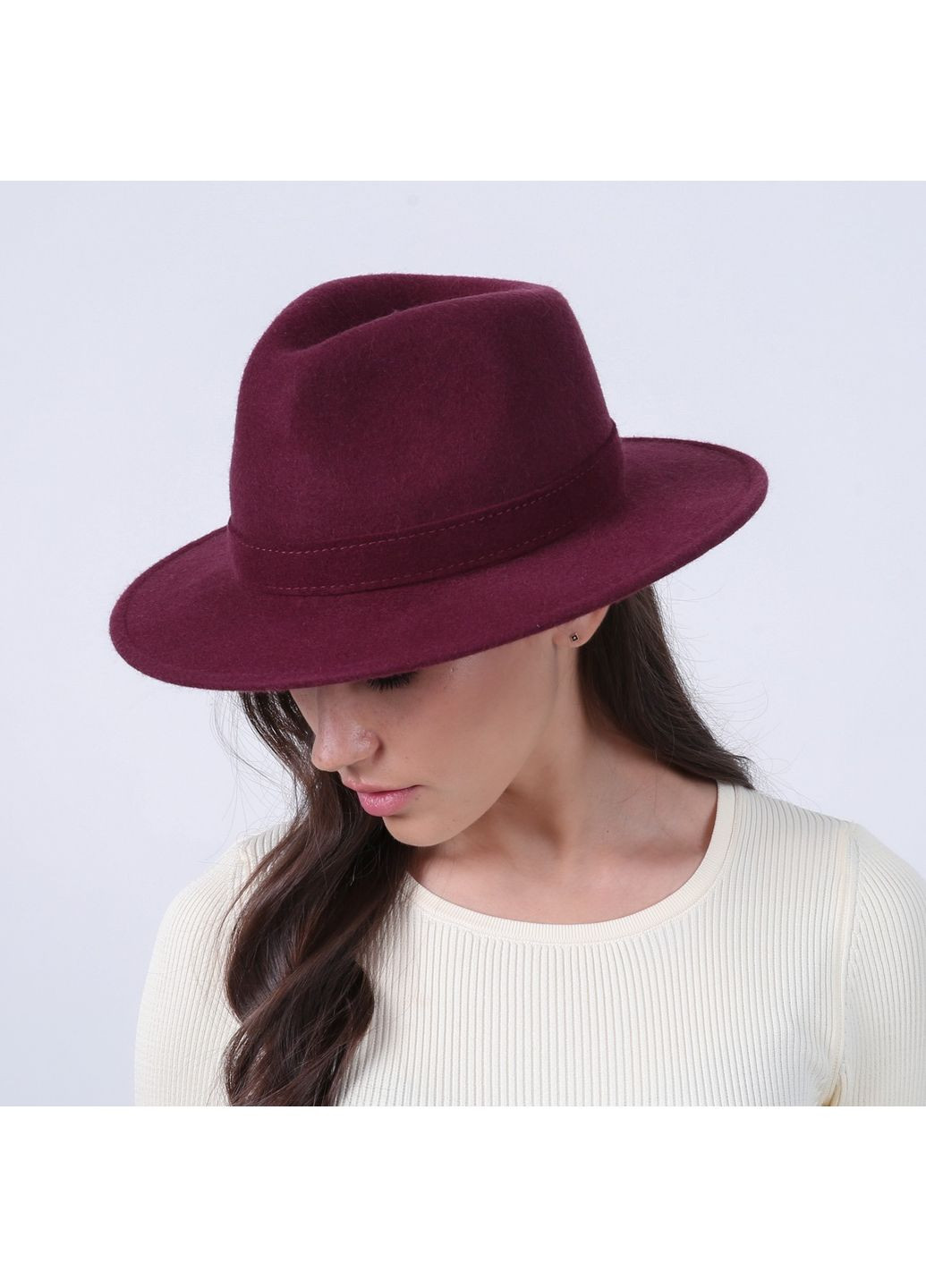 Капелюх федора жіночий з ремінцем фетр бордовий МЕДОУ LuckyLOOK 919-822 (361154843)