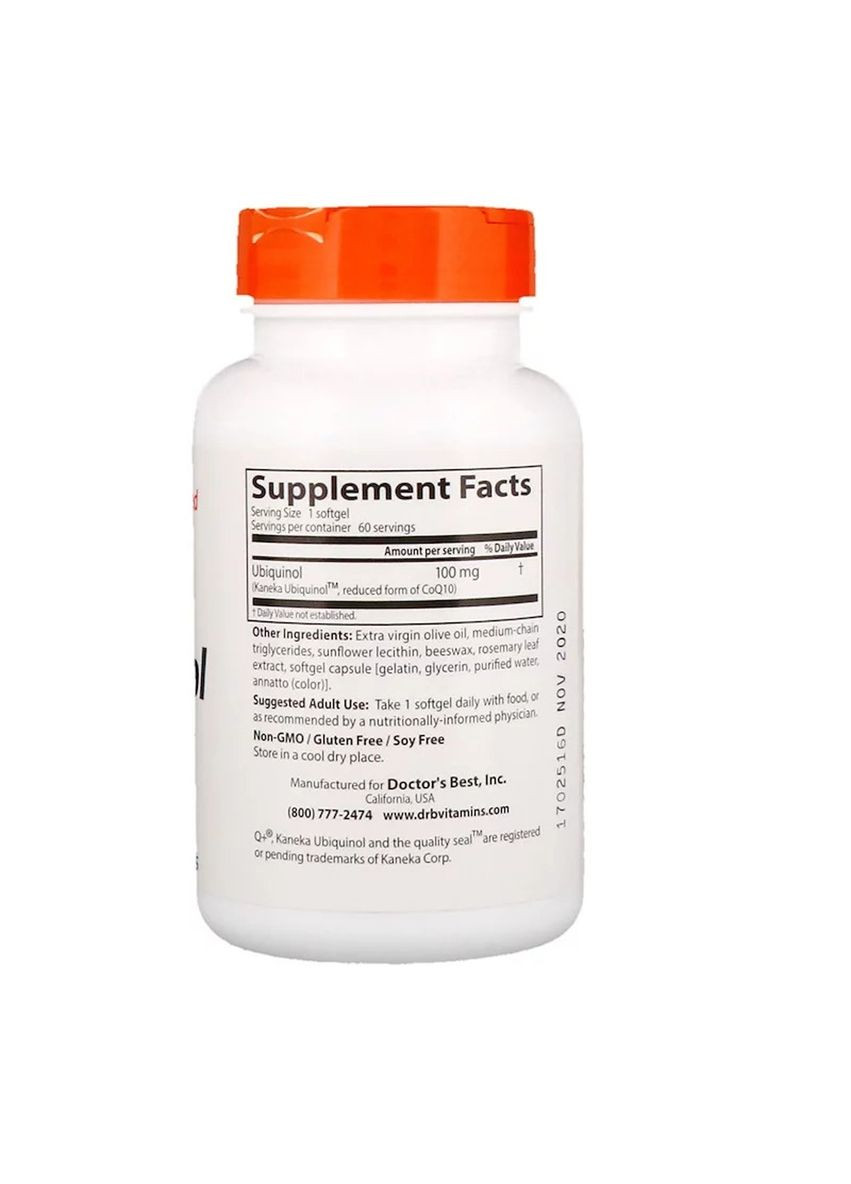 Убихинол, Ubiquinol with Kaneka,, 100 мг, 60 желатиновых капсул Doctor's Best (326055126)
