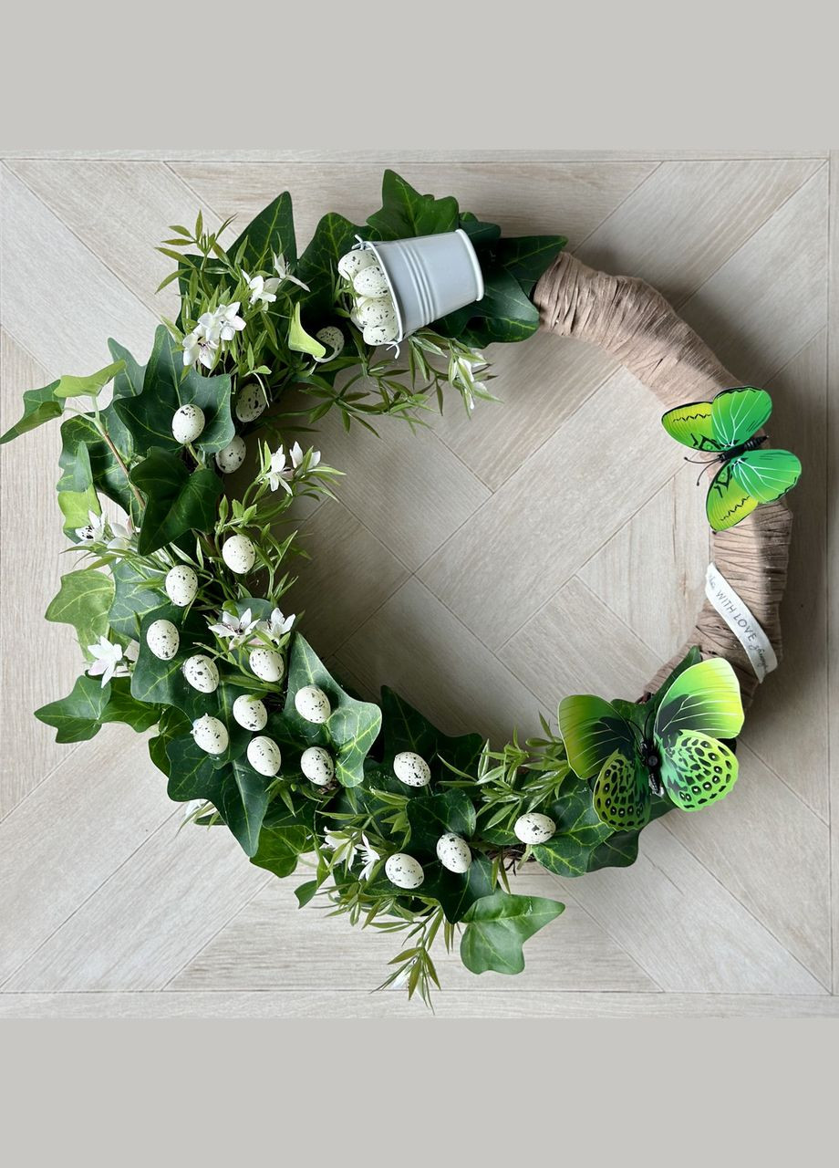 Великодній декоративний вінок на двері з яйцями, метеликами і відерцем, 45 см HVOYA (328908566)