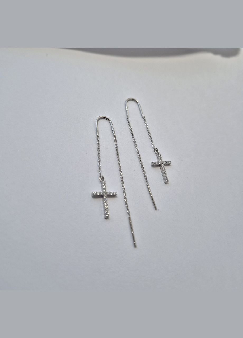 Срібні сережки протяжки цепочки Хрест в Білих каменях срібло 925 проби Родоване с2ф/299 1.50г No Brand (306743431)