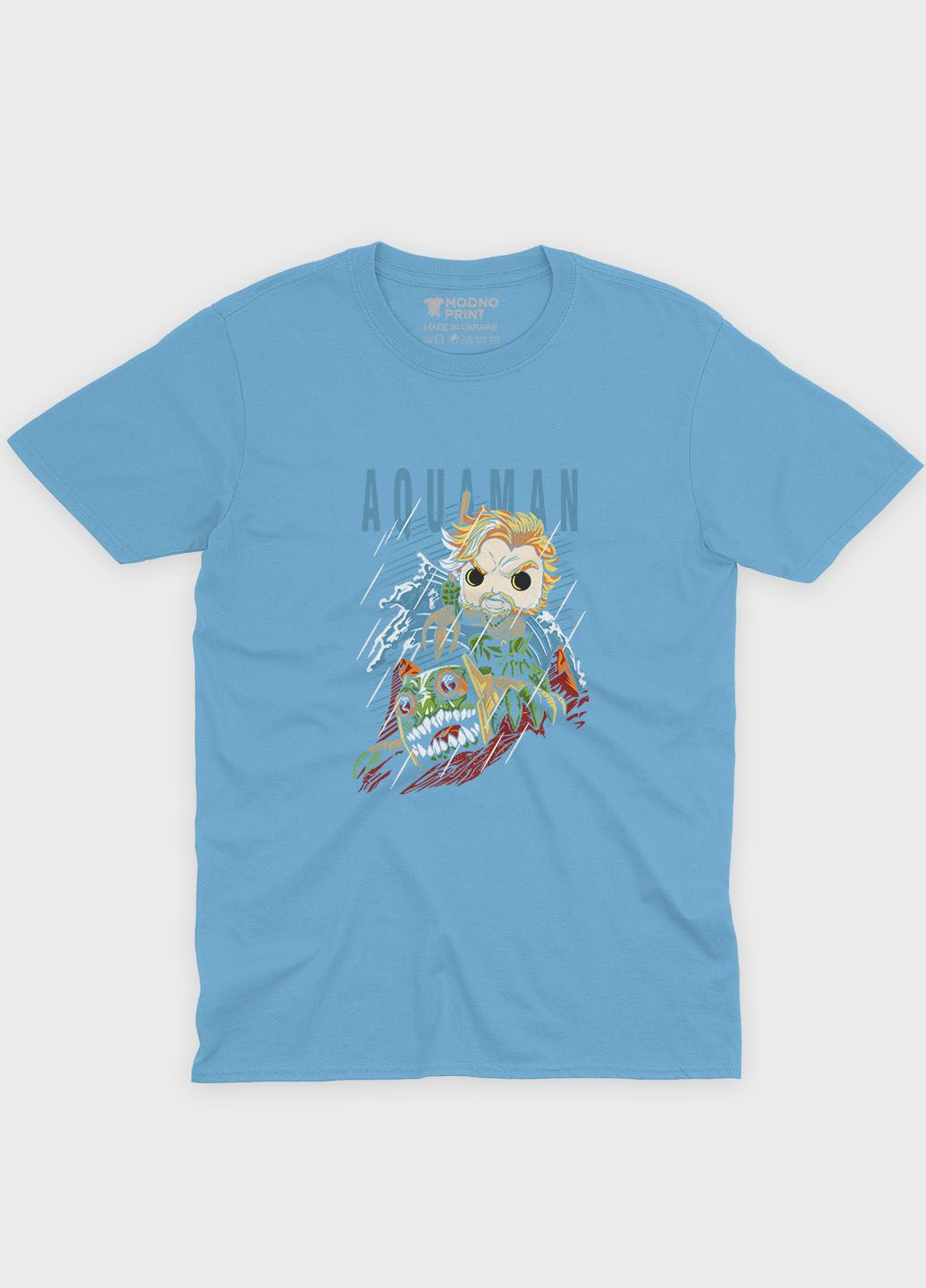 Блакитна демісезонна футболка для дівчинки з принтом супергероя - аквамен (ts001-1-lbl-006-001-001-g) Modno