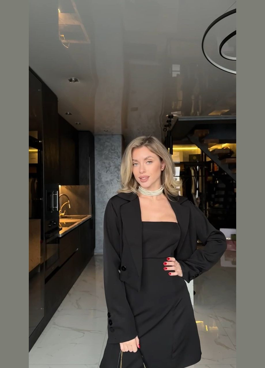 Чорна вечірня сукня-бандо міні + укорочений піджак бандо MonCher