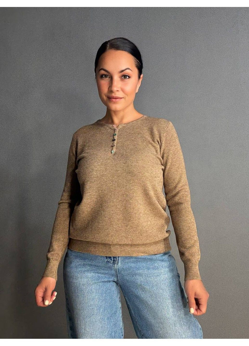 Коричневий демісезонний светр жіночий a-n 02493 букле з ґудзиками тонкий і теплий базовий No Brand