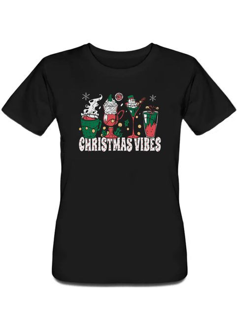 Черная летняя женская новогодняя футболка christmas vibes (черная) Fat Cat