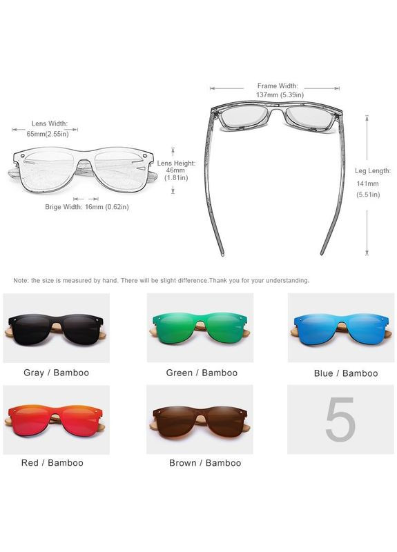 Солнцезащитные очки Wayfarer в цельной оправе и деревянными дужками H5504 Bamboo DESIGN KINGSEVEN (299332630)