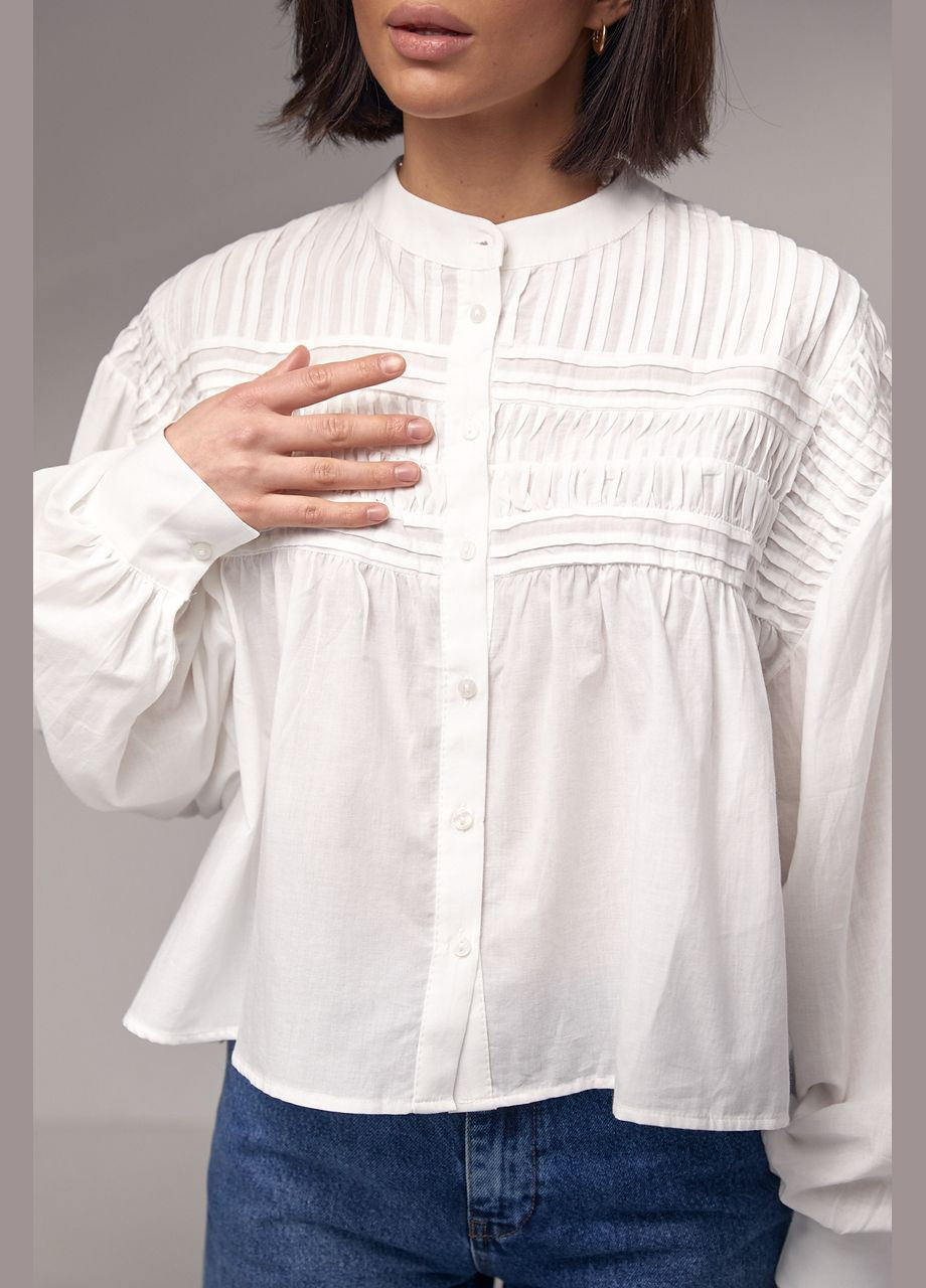 Молочна демісезонна бавовняна блузка на ґудзиках розширеного фасону Lurex
