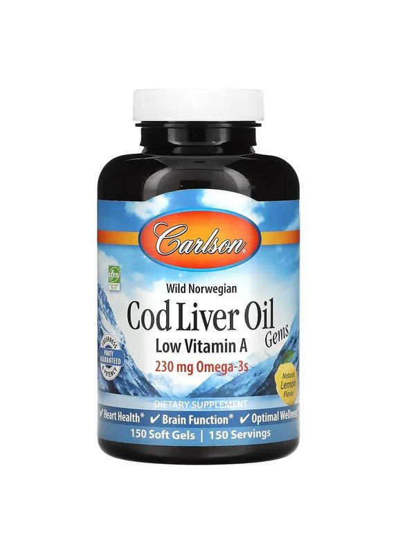 Рыбий жир с витамином А и D3 "Cod Liver Oil Low Vitamin A Omega-3s wild norwegian", 150 капсул Carlson Labs (369164468)