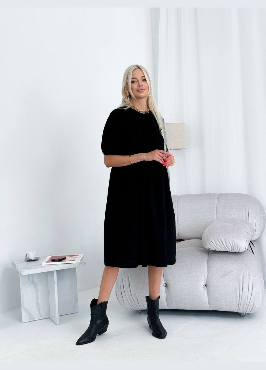 Чорна повсякденний, святковий жіноча літня льняна сукня міді оверсайз Style Point однотонна