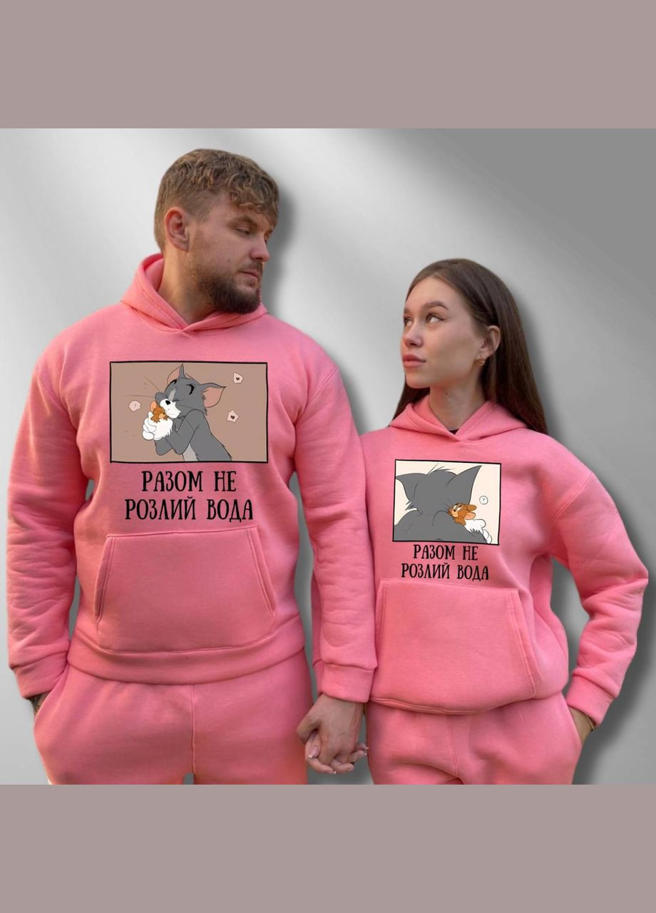 Парные тощие с капюшоном утепленные, в розовом цвете, принт "Вместе не разлей вода" (380) Hand Made (358896116)