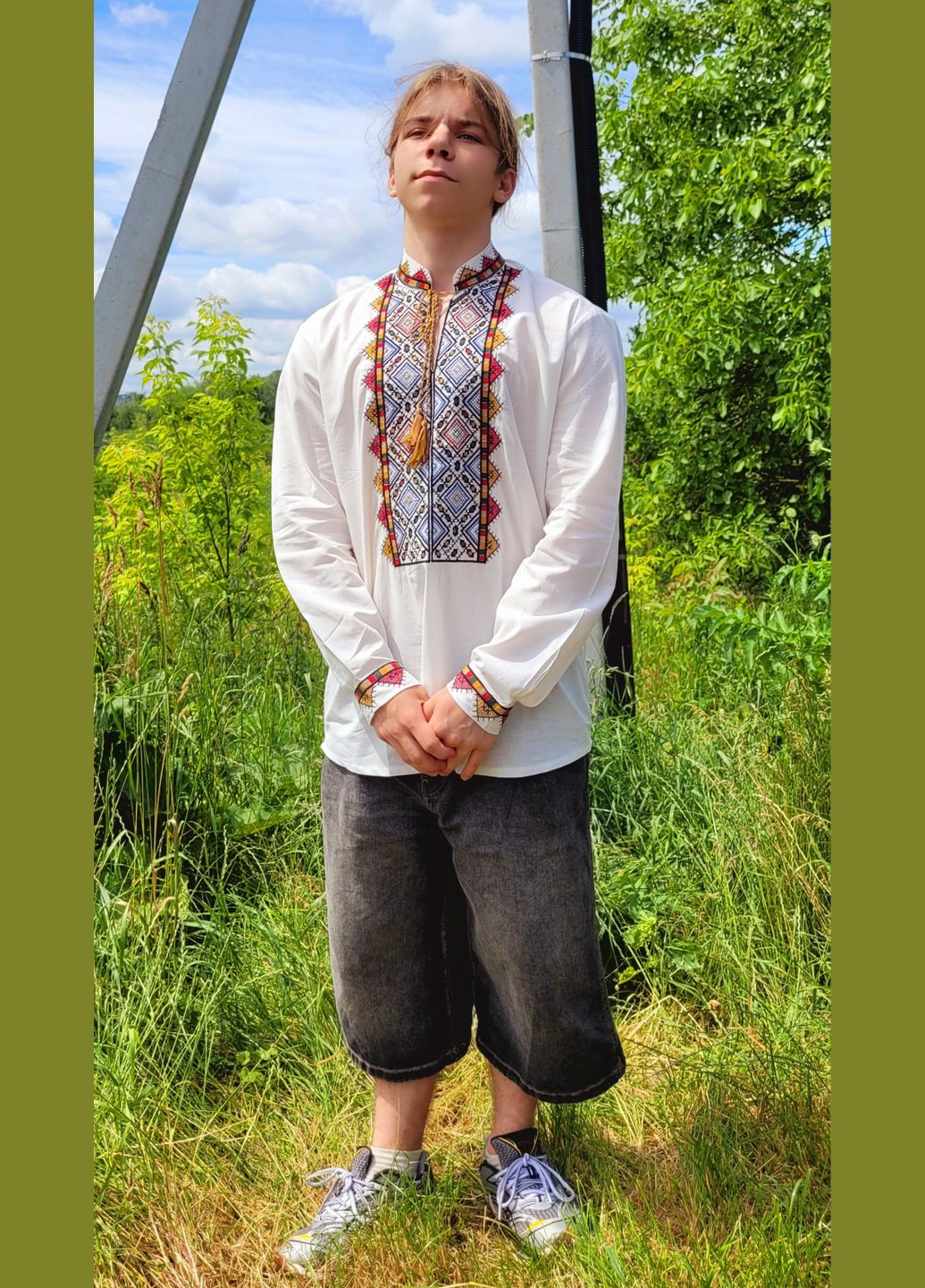 Біла чоловіча бавовняна сорочка вишиванка біла з коричневою і бордовою вишивкою You Best (339336276)