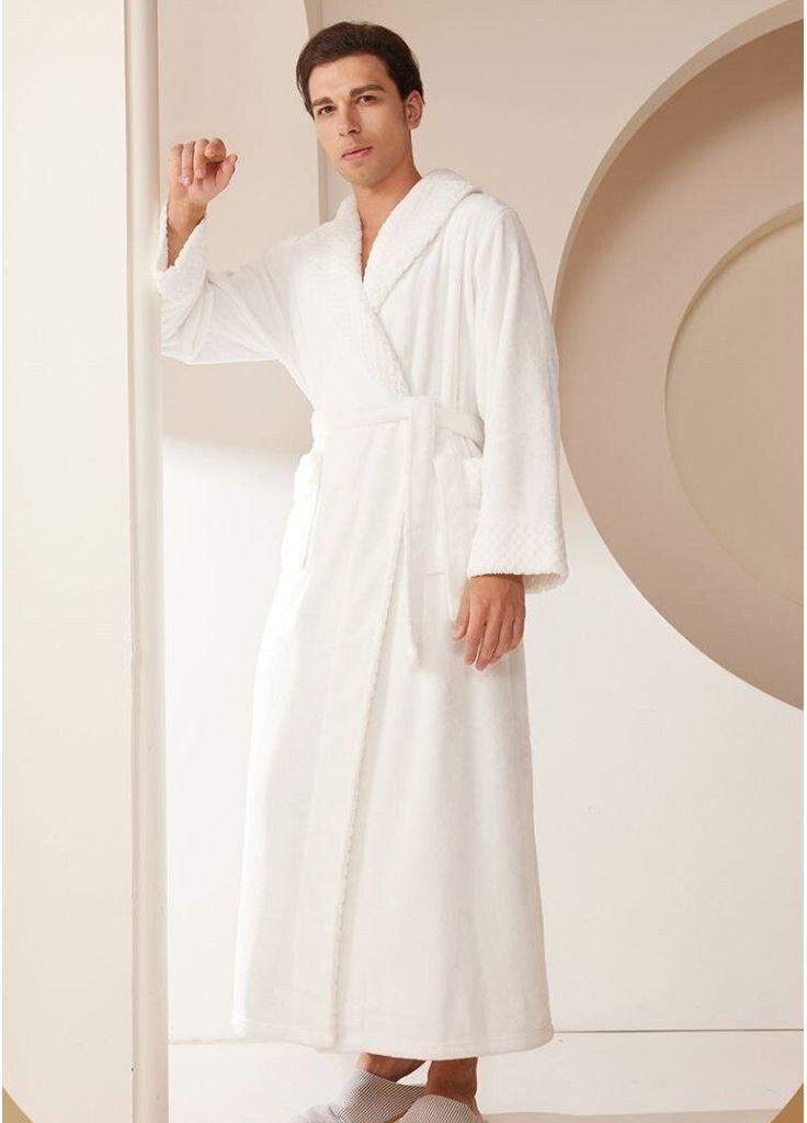 Теплий довгий халат на поясі з кишенями універсальні унісекс халати вільного крою для домашнього відпочинку чоловікам і жінкам Cindylove (349832933)