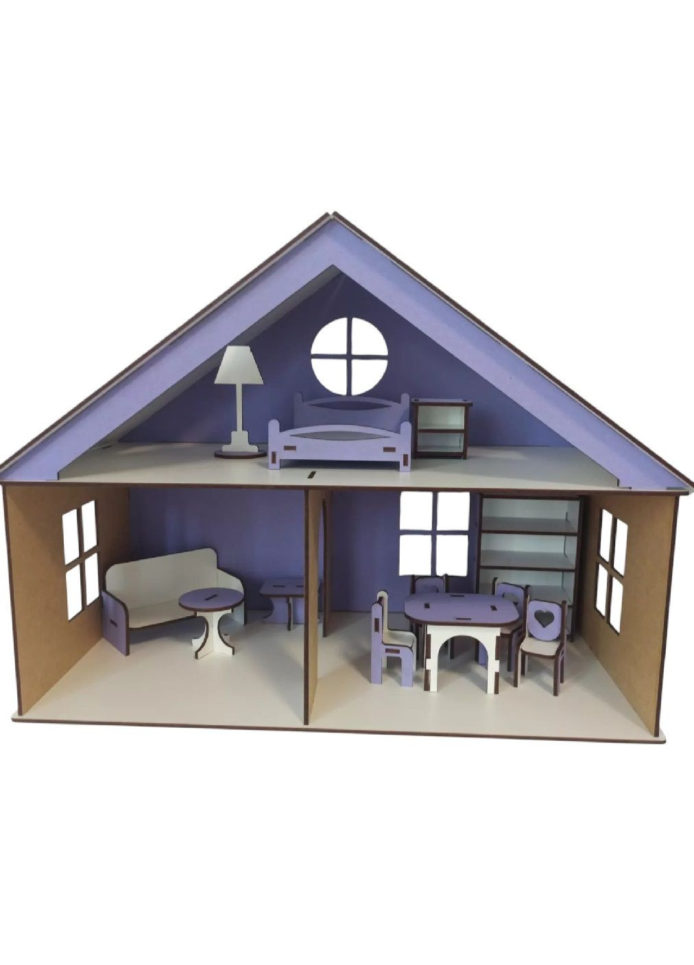 Двухэтажный детский кукольный домик для игрушек ручной работы из дерева с мансардой с мебелью 44х31х22 см (000054-Prob) Unbranded (331431422)