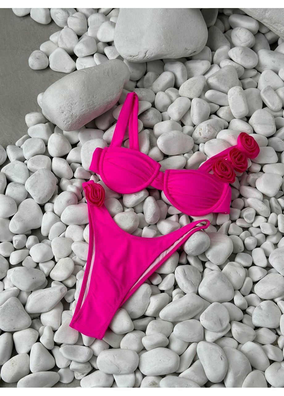 Розовый летний женский купальник с цветочным декором / женский яркий купальник розовый с цветком / раздельный женский купальник No Brand