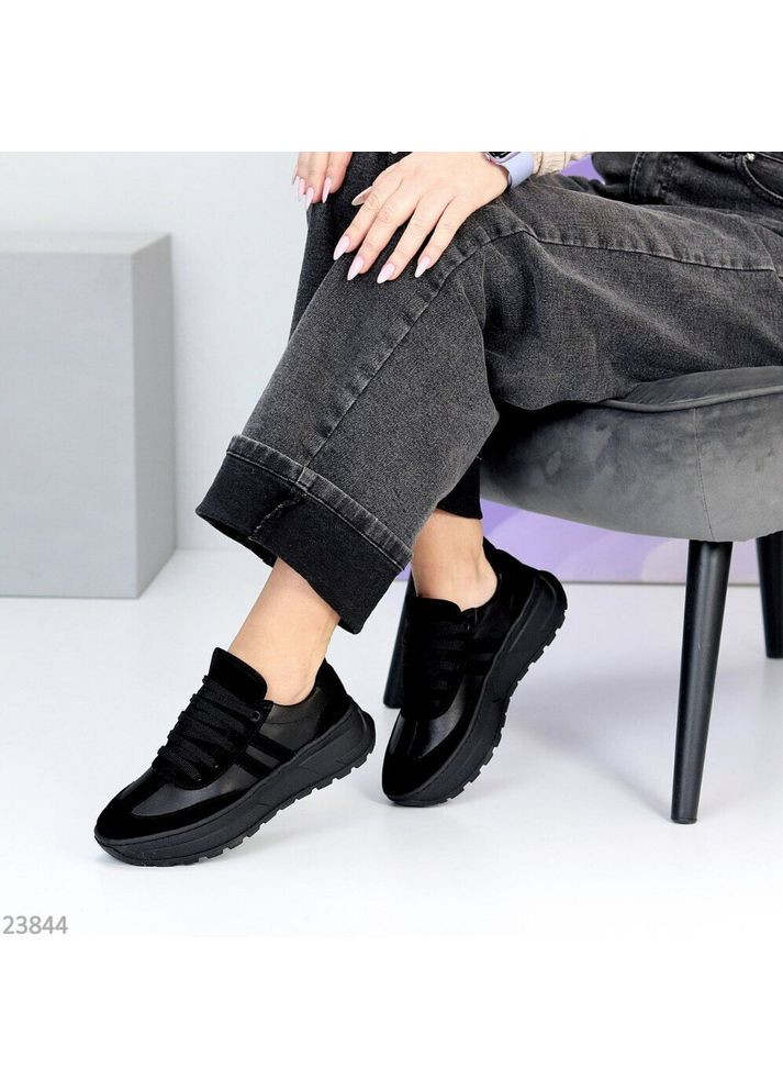 Чорні шкіряні жіночі кросівки, шкіряні кросівки прошиті код 23844 Mermaid Step чорні демісезони (352503750)