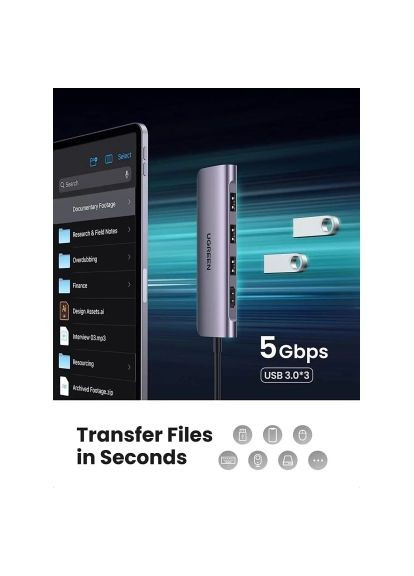 Концентратор (70410) Ugreen USB-C to 3xUSB 3.0 + HDMI + SD/TF CM195 gray (366647409)