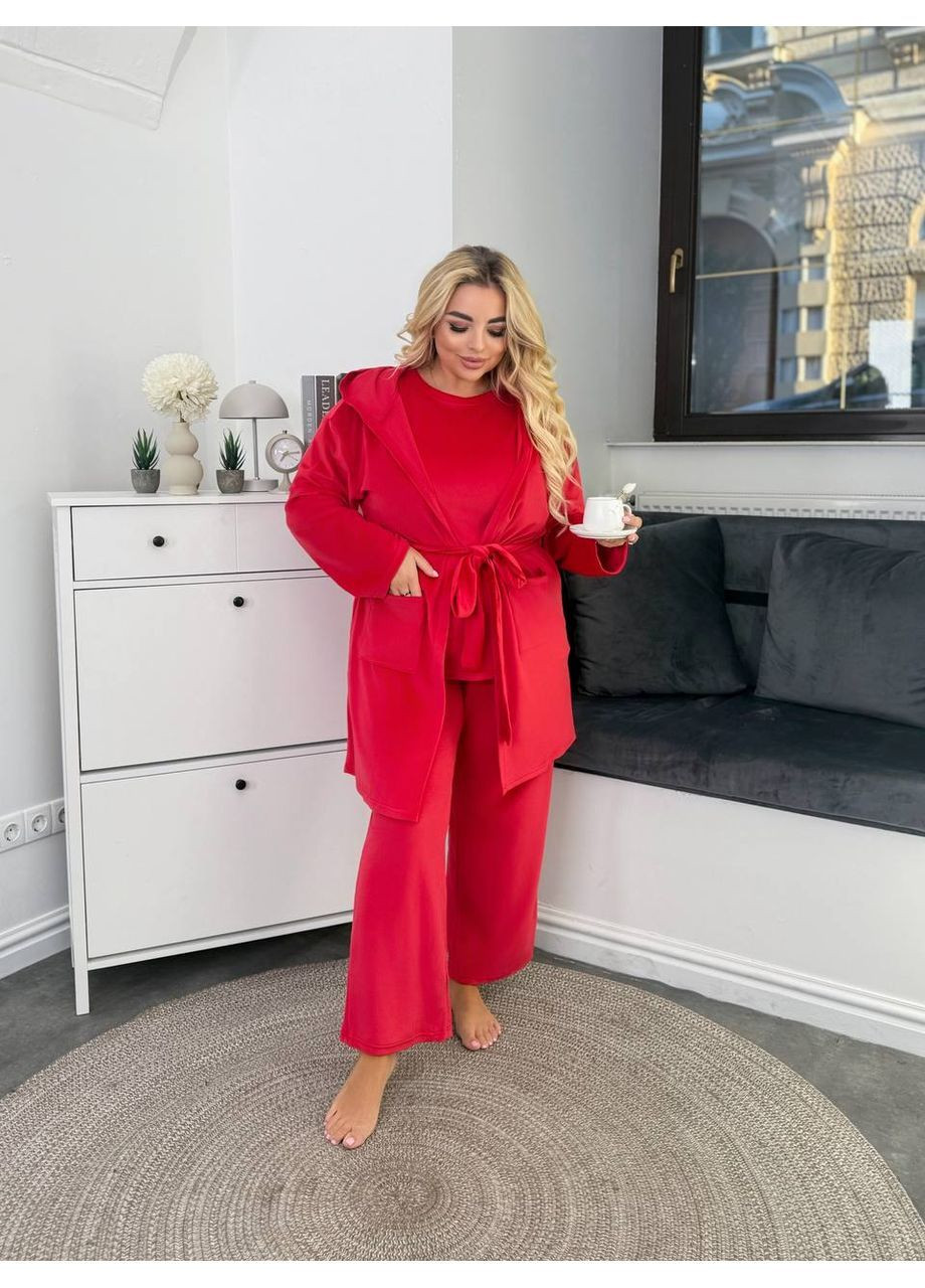 Красная женский велюровый домашний костюм тройка Osoblyva