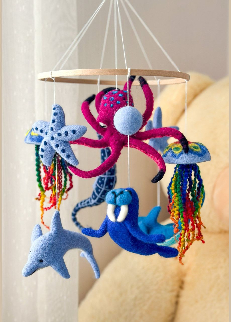 Дитячий музичний мобіль на ліжечко для немовлят WooolyWool «Підводний світ» з 35 мелодіями No Brand (342757882)