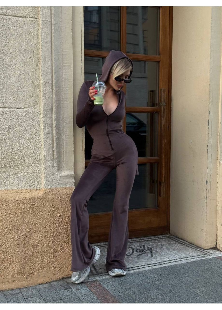 Комбинезон No Brand комбинезон-брюки однотонный коричневый спортивный, кэжуал велюр