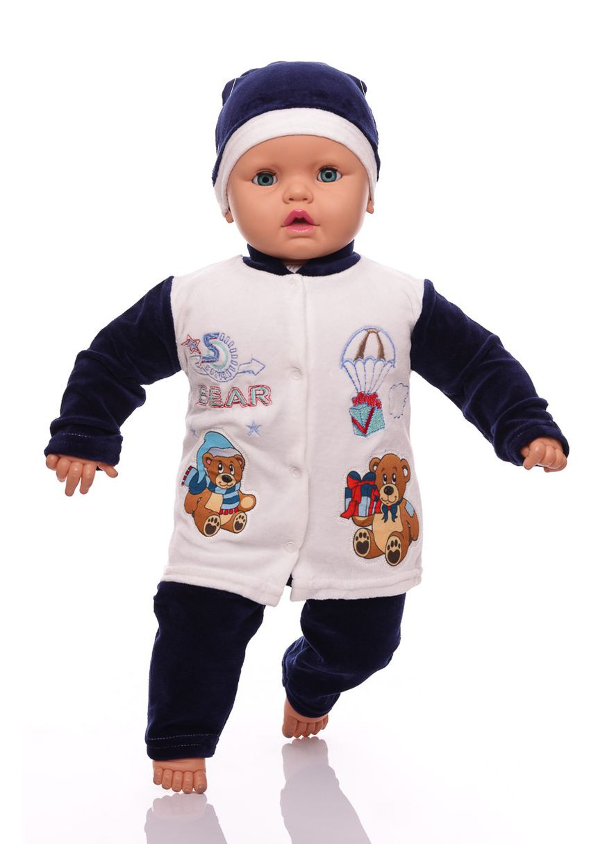 Синій зимній костюм з довгим рукавом для хлопчика велюровий з ведмедиками синій 68 см (26605) BABYKROHA