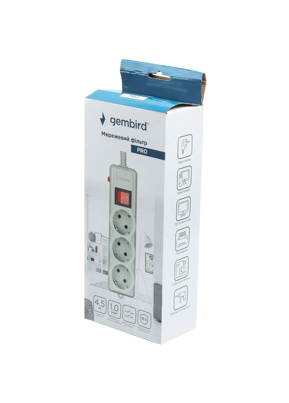 Мережевий фільтр Power filtr 4.5м, 3 розетки, сірий, 220 В, 50 Гц, 16A Gembird (394765624)