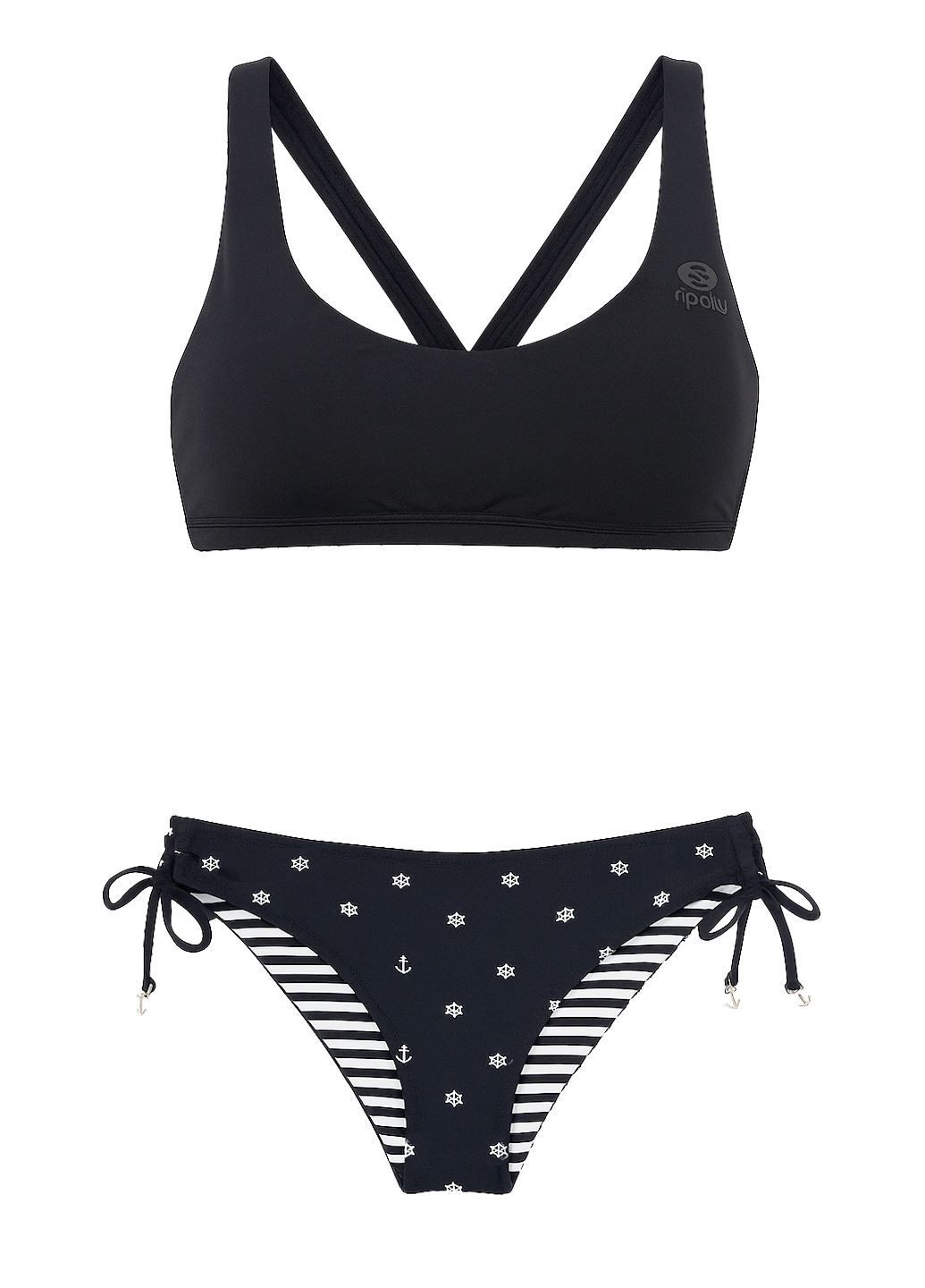 Черный летний купальник с якорями раздельный, топ Rip Curl