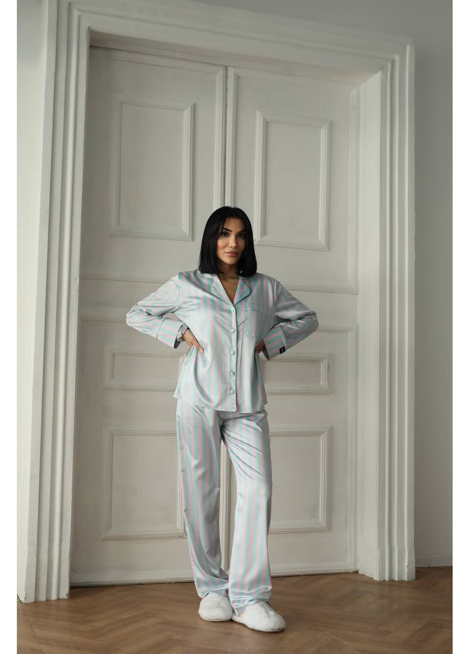 Голубая всесезон женская пижама из матового сатина в полоску рубашка + брюки Vakko