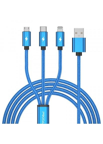 Дата кабель USB 2.0 AM to Lightning + Micro 5P + TypeC blue (PD-B65th-BL) Proda usb 2.0 am to lightning + micro 5p + type-c blue (290704527)