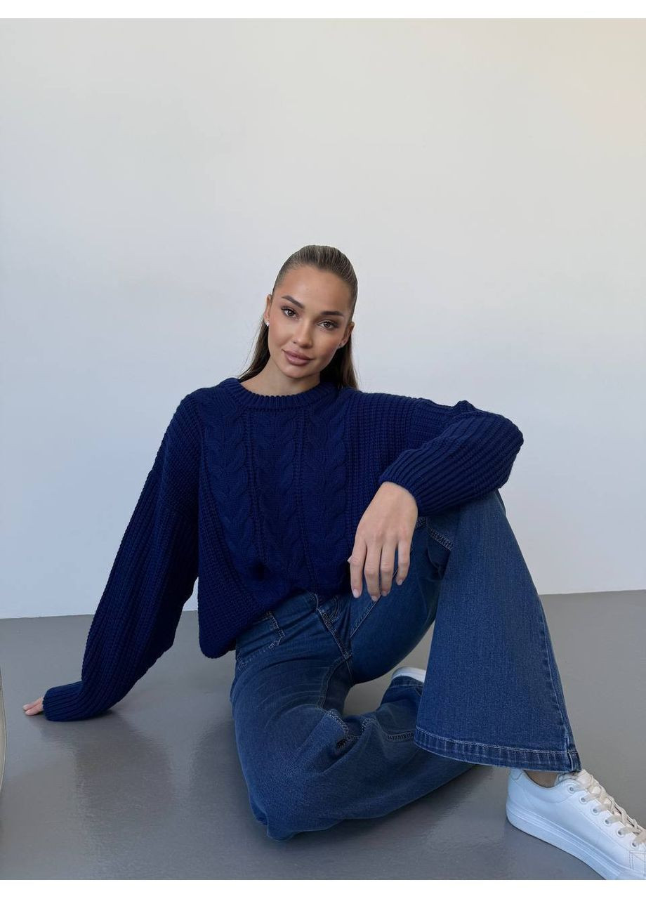 Синій демісезонний жіночий в'язаний светр оверсайз з візерунком MonCher