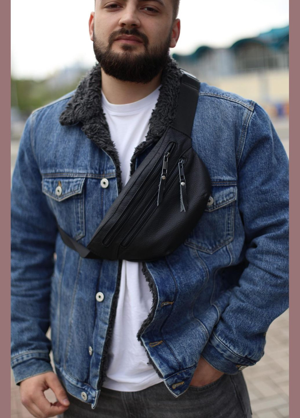 Бананка із натуральної шкіри, шкіряна сумка на пояс Two Line (Чорна) SKILL (323427276)