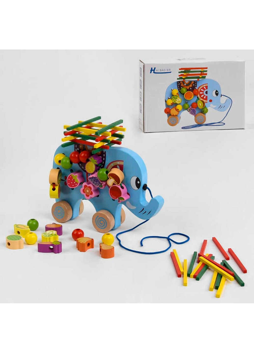 Дерев'яна каталка C 48174 (36) "Слоненя", шнурівка, брусочки, в коробці No Brand (305063009)