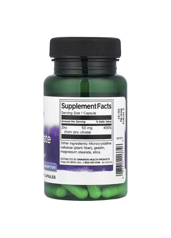 Цинк Zinc Citrate 50 mg 60 Caps Swanson (313047852)