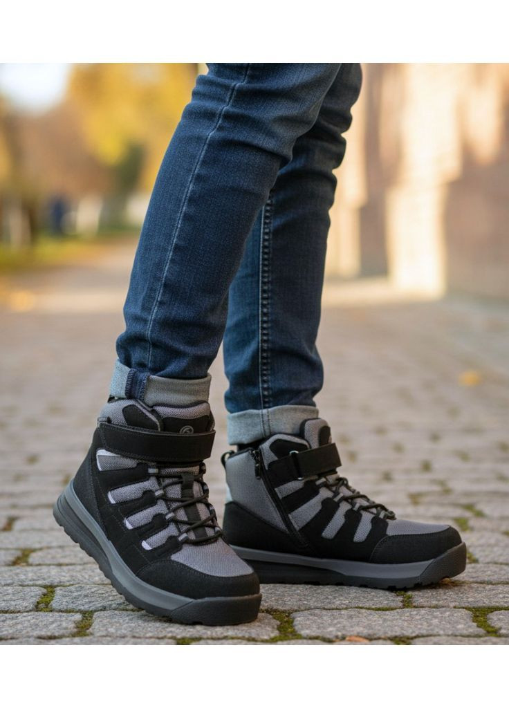 Серые подростковые зимние дутики на овчине для мальчика, термоботинки на овчине для мальчика, зимние ботинки для подростка Biki на липучке