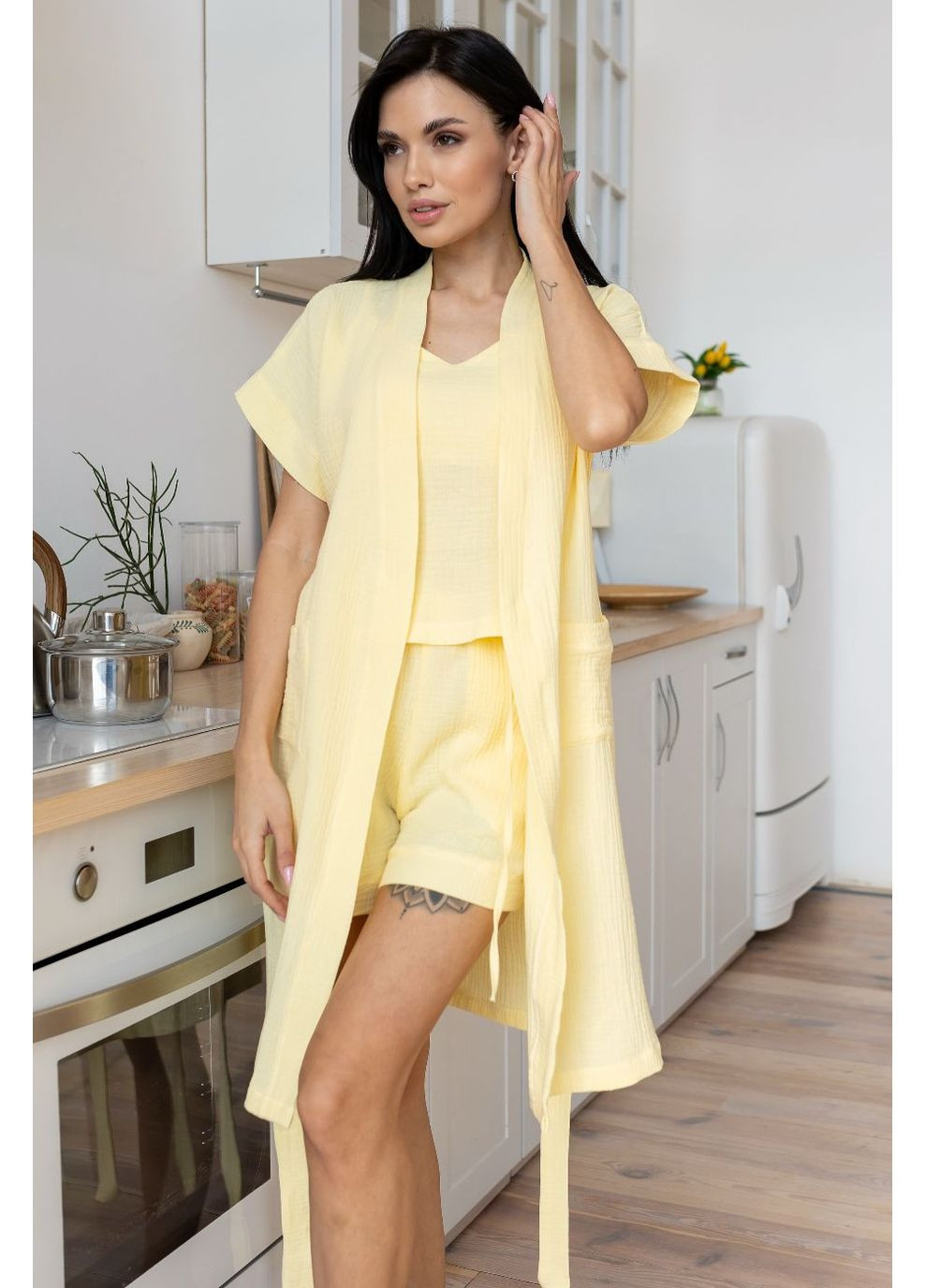 Жовтий демісезонний комплект мусліновий піжама та халат кж1808п жовтий MiaNaGreen