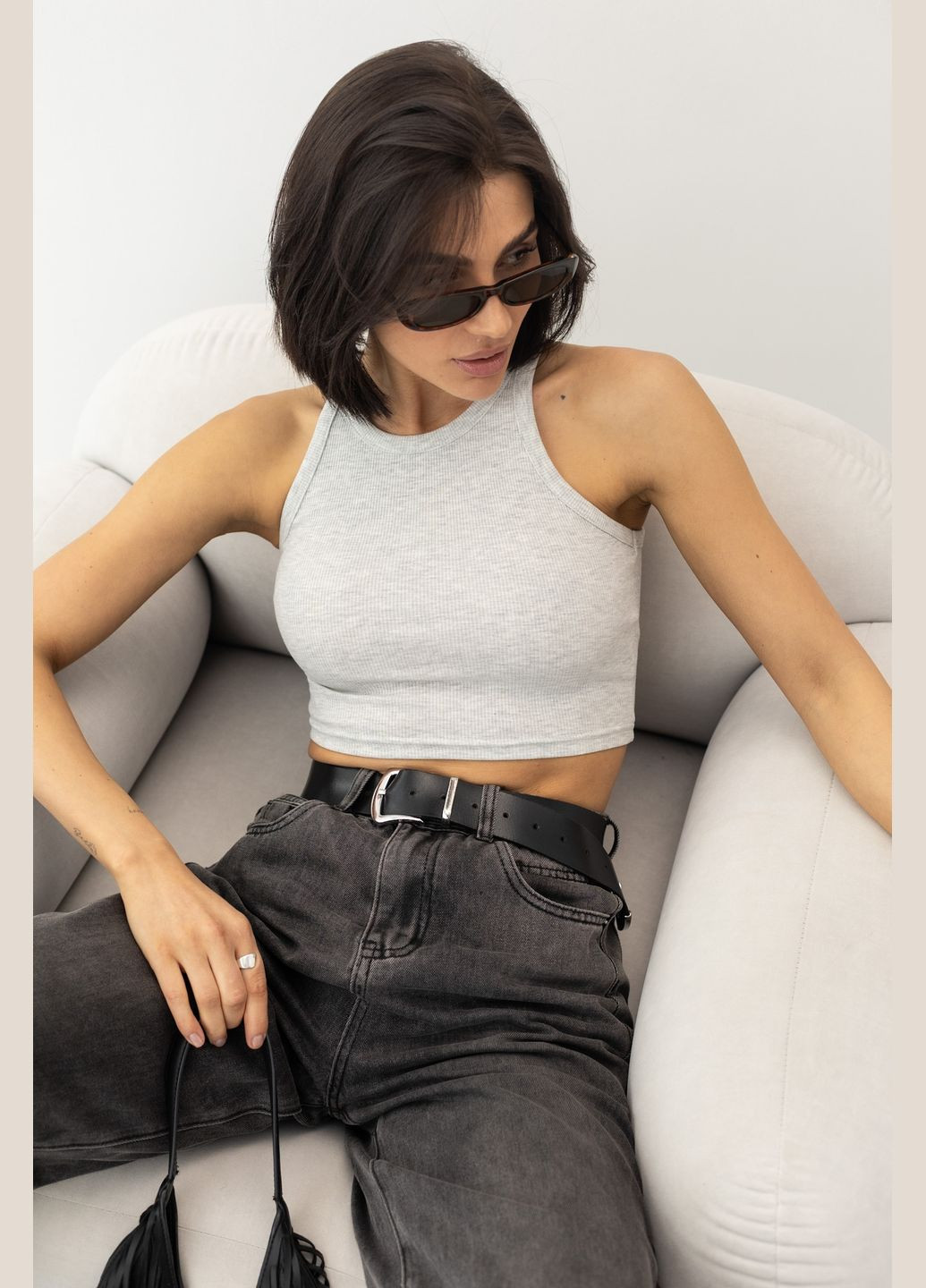 Майка жіноча в рубчик з еластичного трикотажу - чорний колір Lurex — 330988818