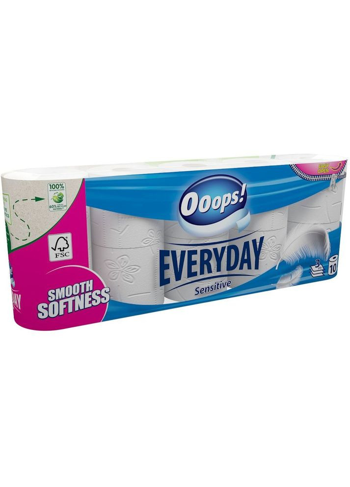 Туалетний папір ! EveryDay Sensetive, тришаровий, 10 рулонів ooops 709186 (335030534)