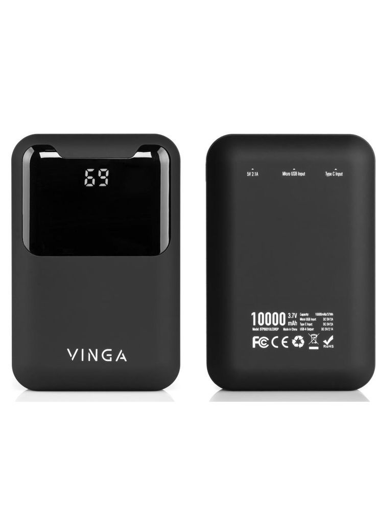 Універсальна батарея Vinga 10000 mAh Display soft touch black