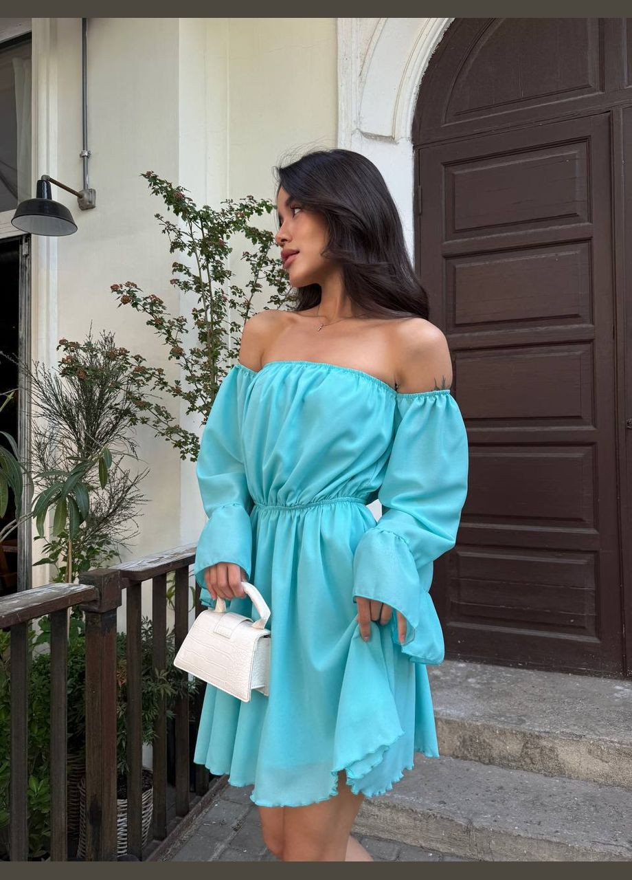 Бирюзовое повседневный женское платье мини с открытыми плечами и объемными рукавами с открытыми плечами MonCher