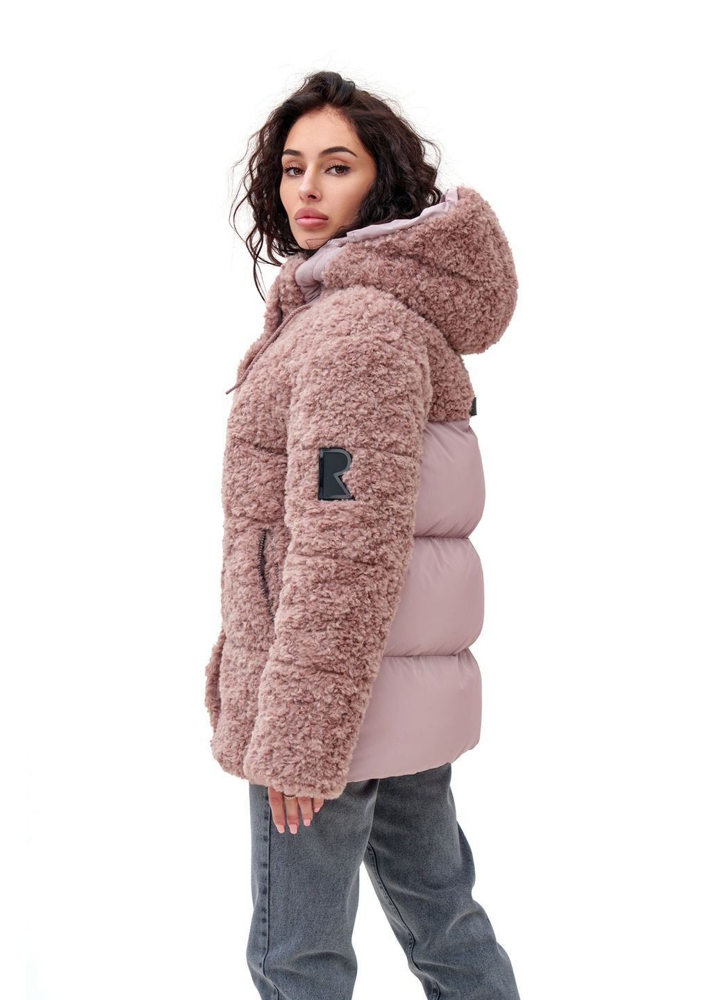 Пудровая зимняя пуховик скай удлинен.пудра (барашек,плащ) Emass