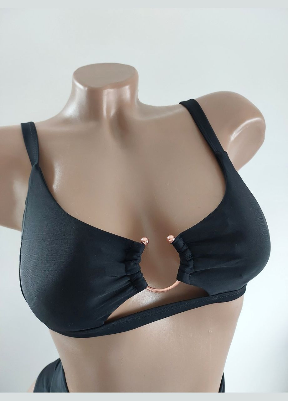 Чорний літній жіночий роздільний купальник топ з кільцем і високі трусики No Brand