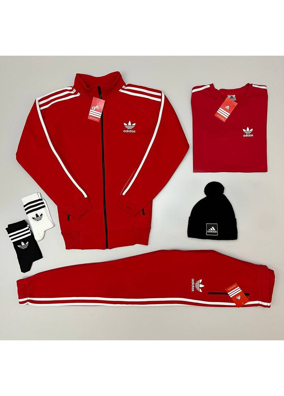 Красный демисезонный набор зима adidas 5 в 1: кофта, брюки, шапка, футболка, 2 пары носков Україна