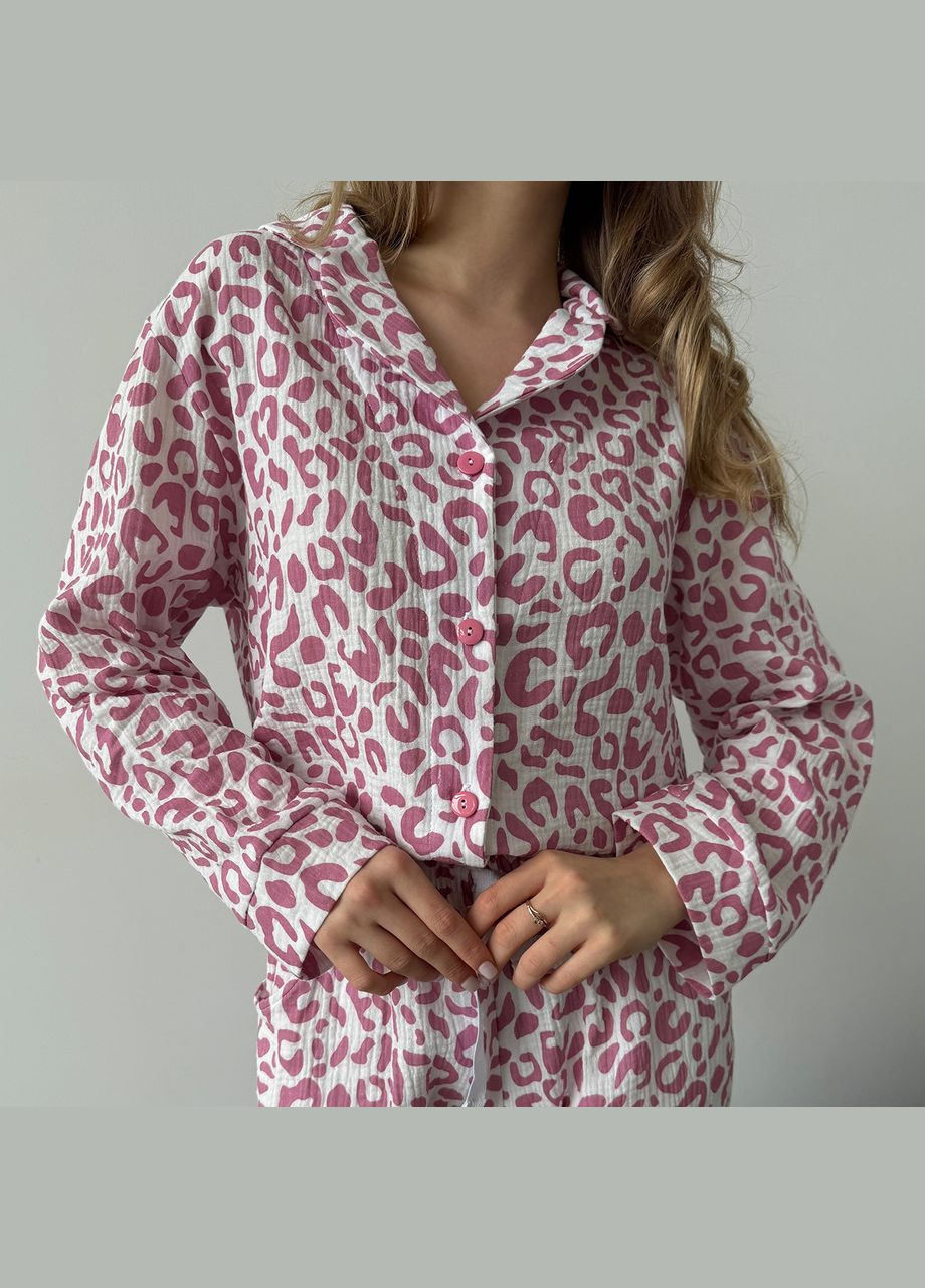 Комбинированная женская пижама (рубашка+штаны) муслин белая с розовым леопард m251p Cosy