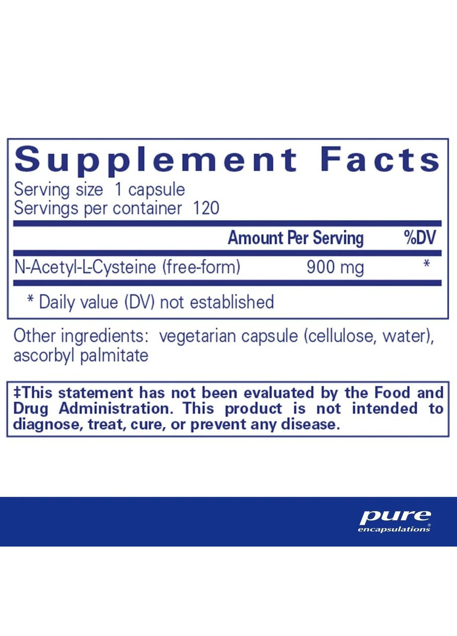 Ацетилцистеин NAC N-Acetyl-l-Cysteine 900 мг 120 капсул Pure Encapsulations (361115871)