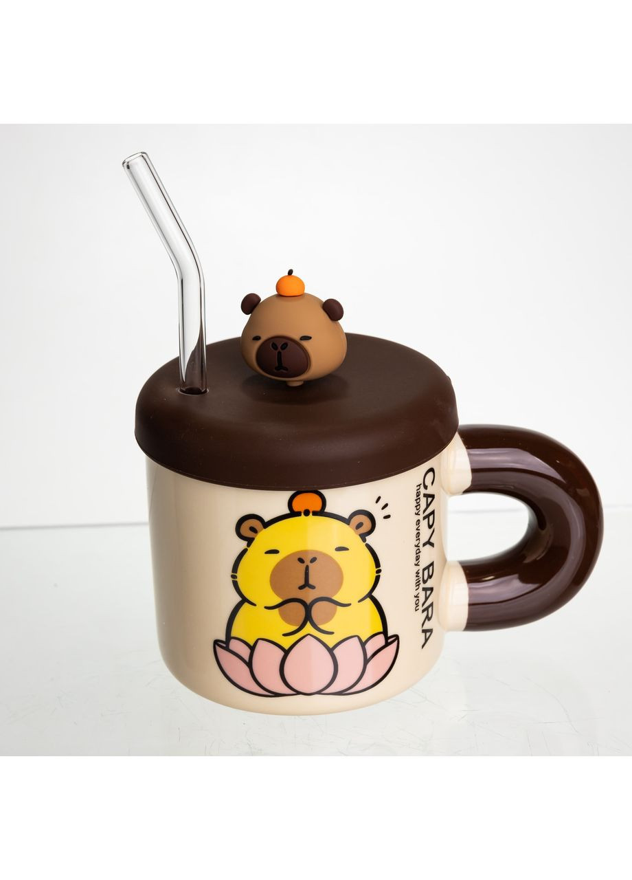 Чашка фарфоровая с крышкой и трубочкой Капибара в лотосе 300 (мл) подарочная кружка прикольная чашка для детей на подарок FM-27B Yiwu (369654065)