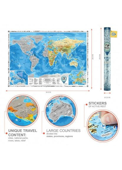 Скретч карта Discovery Map World з рельєфом 88х62 см синя для подорожей та відкриттів карта світу ProDobro (365442630)