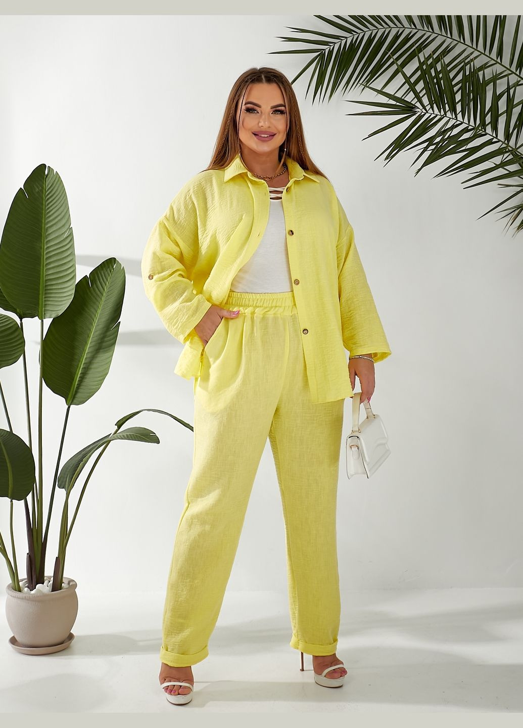 Льняной костюм двойка рубашка свободного кроя брюки высокая тали No Brand (327308687)