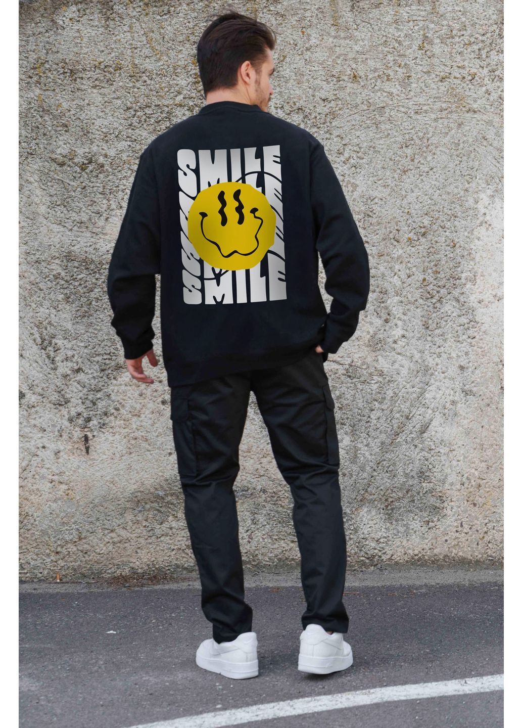 Черный мужской утепленный оверсайз свитшот на флисе с принтом smile Without однотонный без декора (361057457)