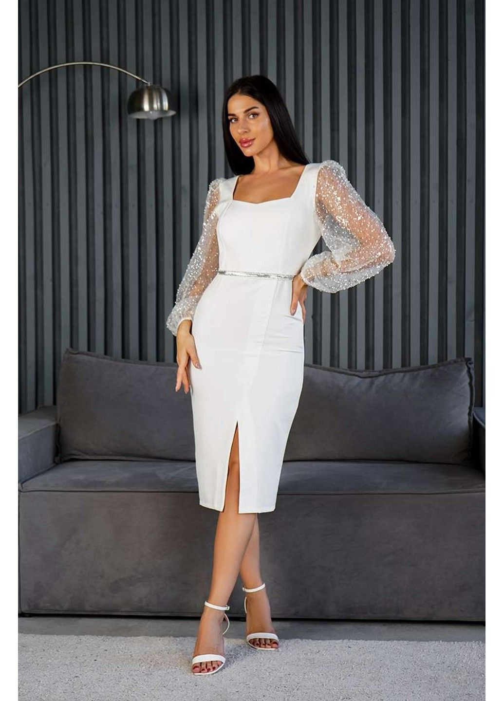 Молочна коктейльна сукня бісерні рукави 24084 молочна Tanita-Romario