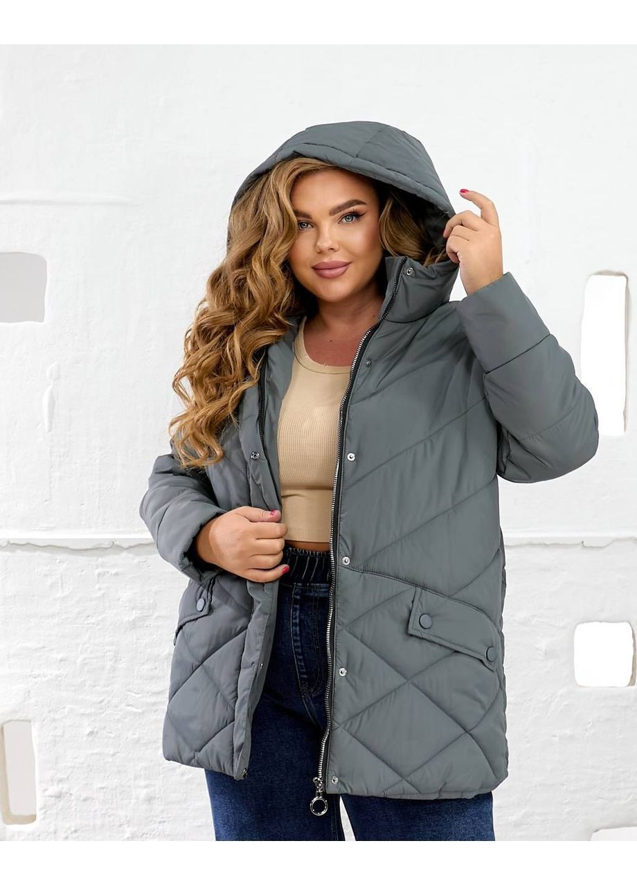Сіра зимня жіноча тепла стьобана куртка з капюшоном No Brand